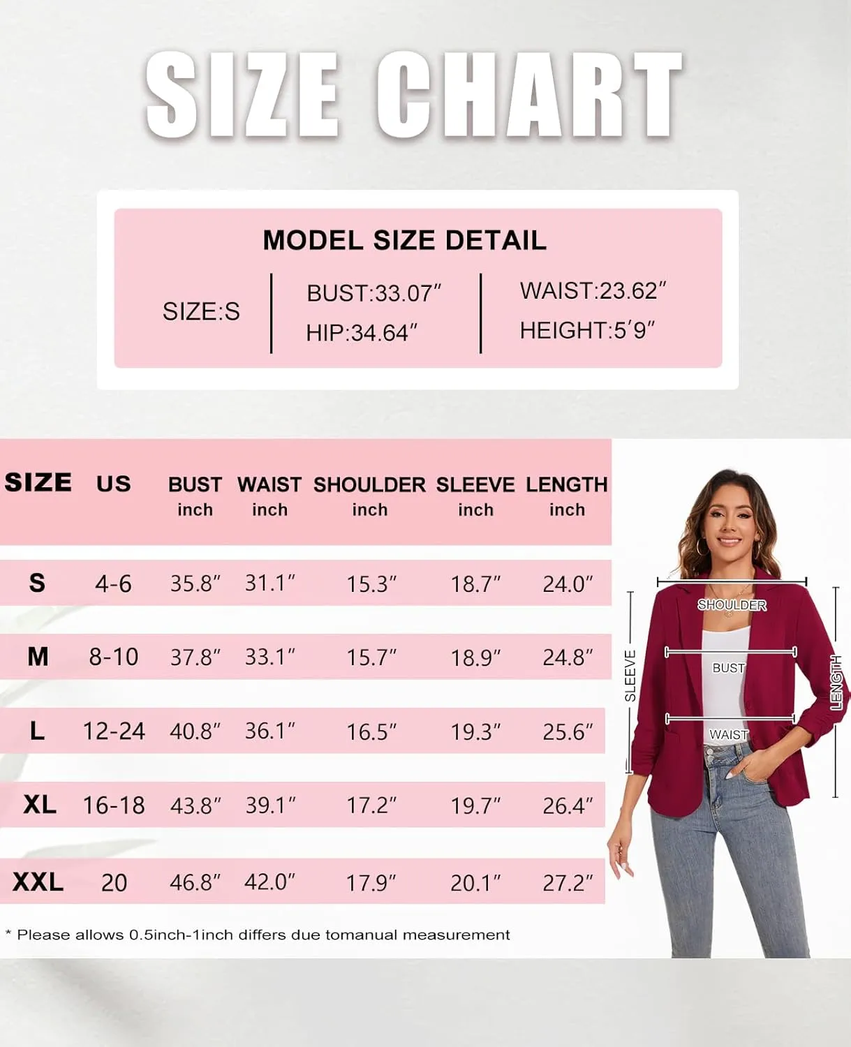 Women's Casual Button Front Blazer Jackets Ruched 3/4 Sleeve Lapel Office Work Lightweight Blazers with Pockets