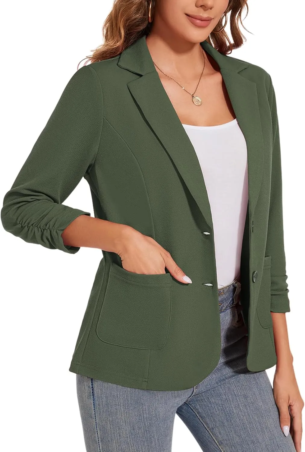 Women's Casual Button Front Blazer Jackets Ruched 3/4 Sleeve Lapel Office Work Lightweight Blazers with Pockets