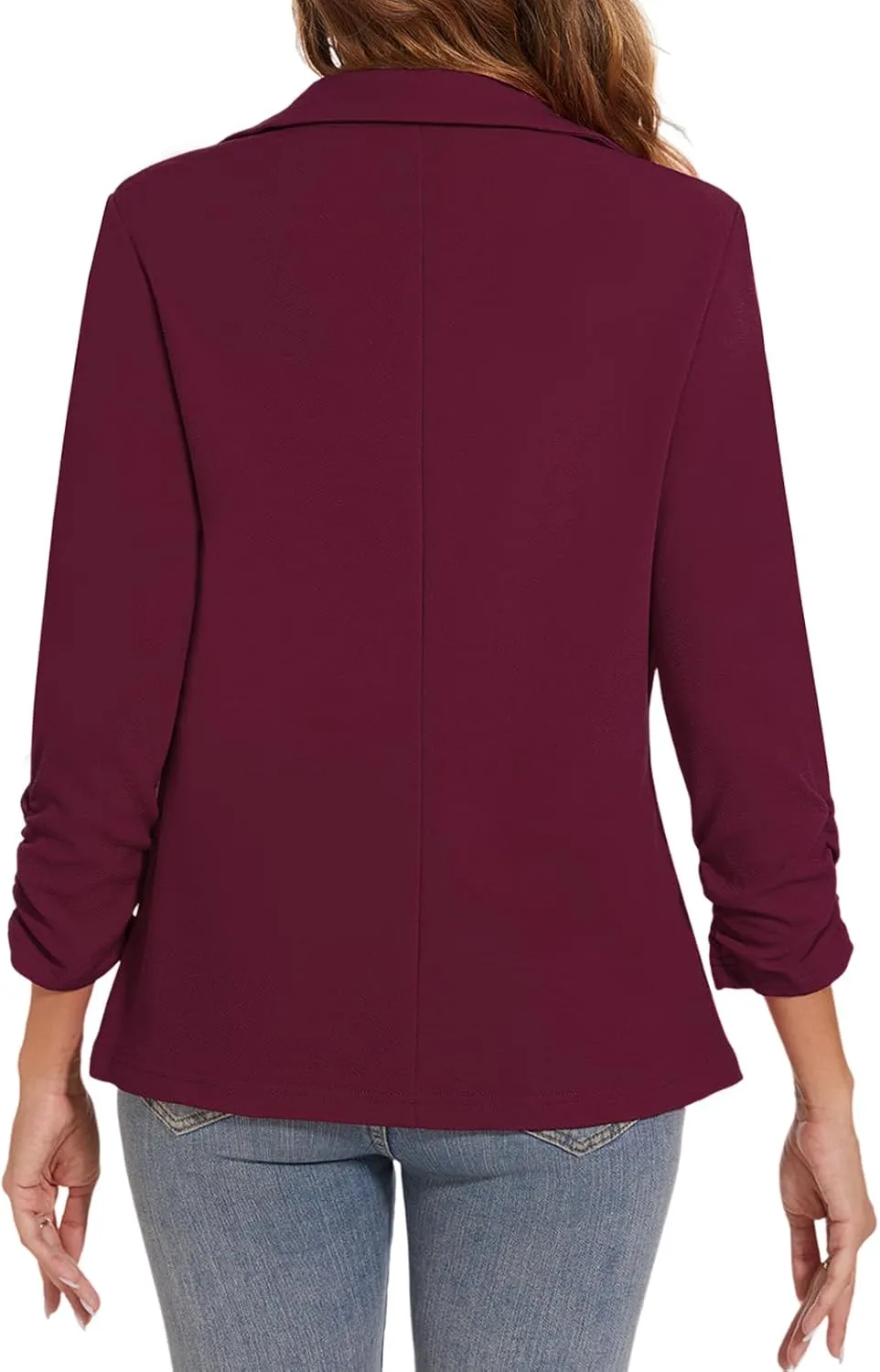 Women's Casual Button Front Blazer Jackets Ruched 3/4 Sleeve Lapel Office Work Lightweight Blazers with Pockets