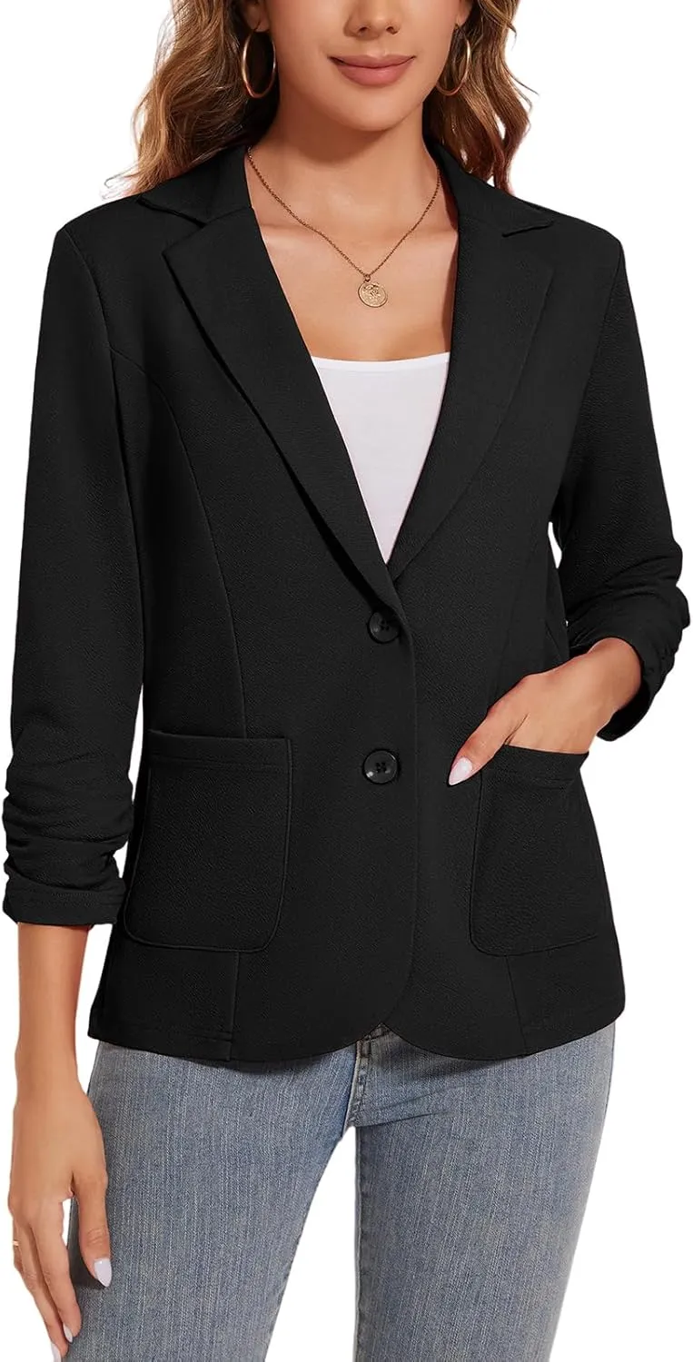 Women's Casual Button Front Blazer Jackets Ruched 3/4 Sleeve Lapel Office Work Lightweight Blazers with Pockets