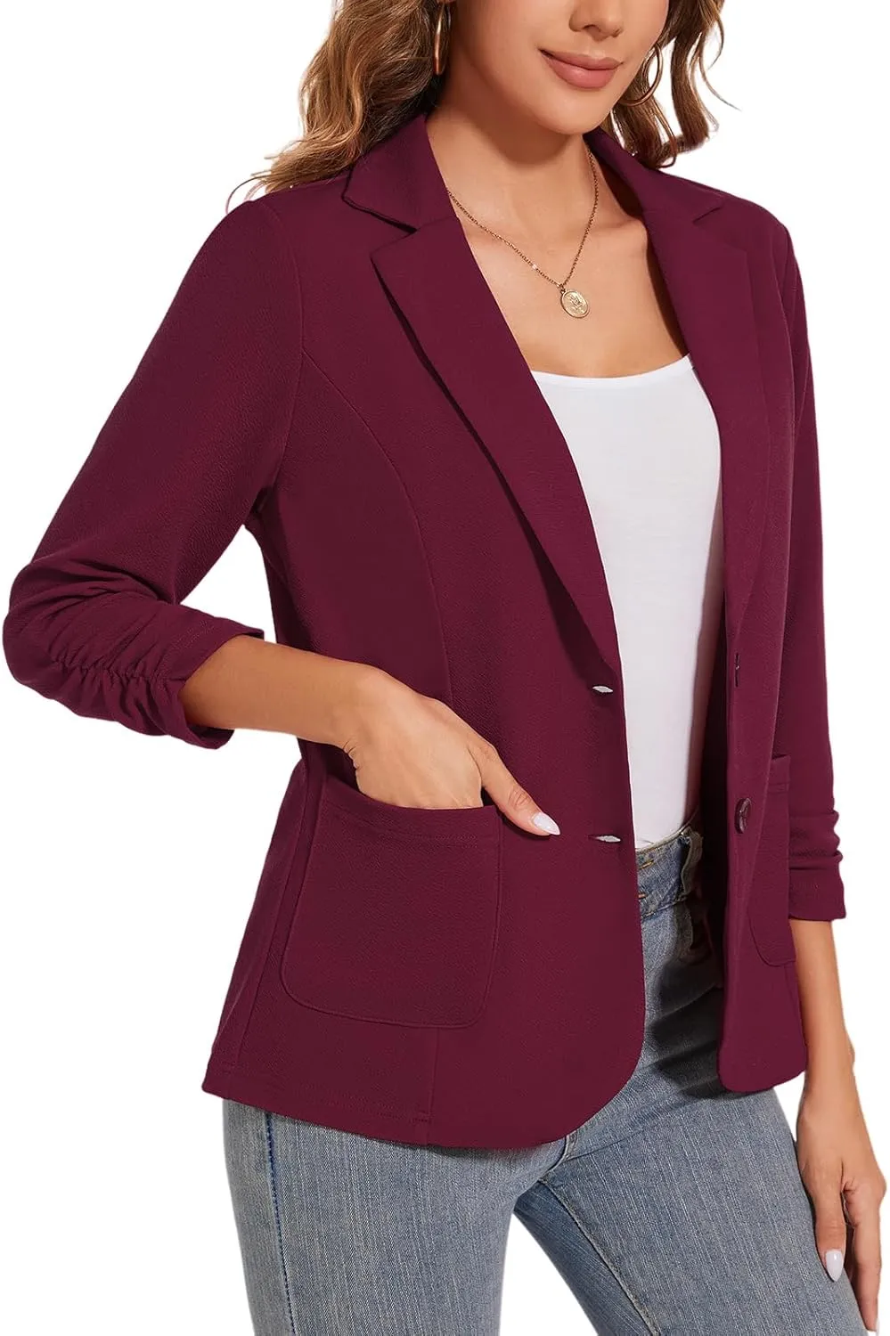 Women's Casual Button Front Blazer Jackets Ruched 3/4 Sleeve Lapel Office Work Lightweight Blazers with Pockets