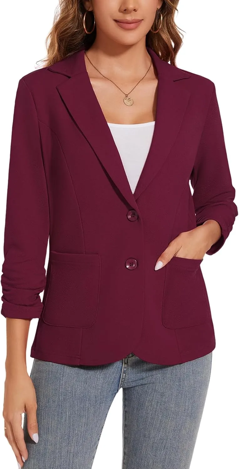 Women's Casual Button Front Blazer Jackets Ruched 3/4 Sleeve Lapel Office Work Lightweight Blazers with Pockets