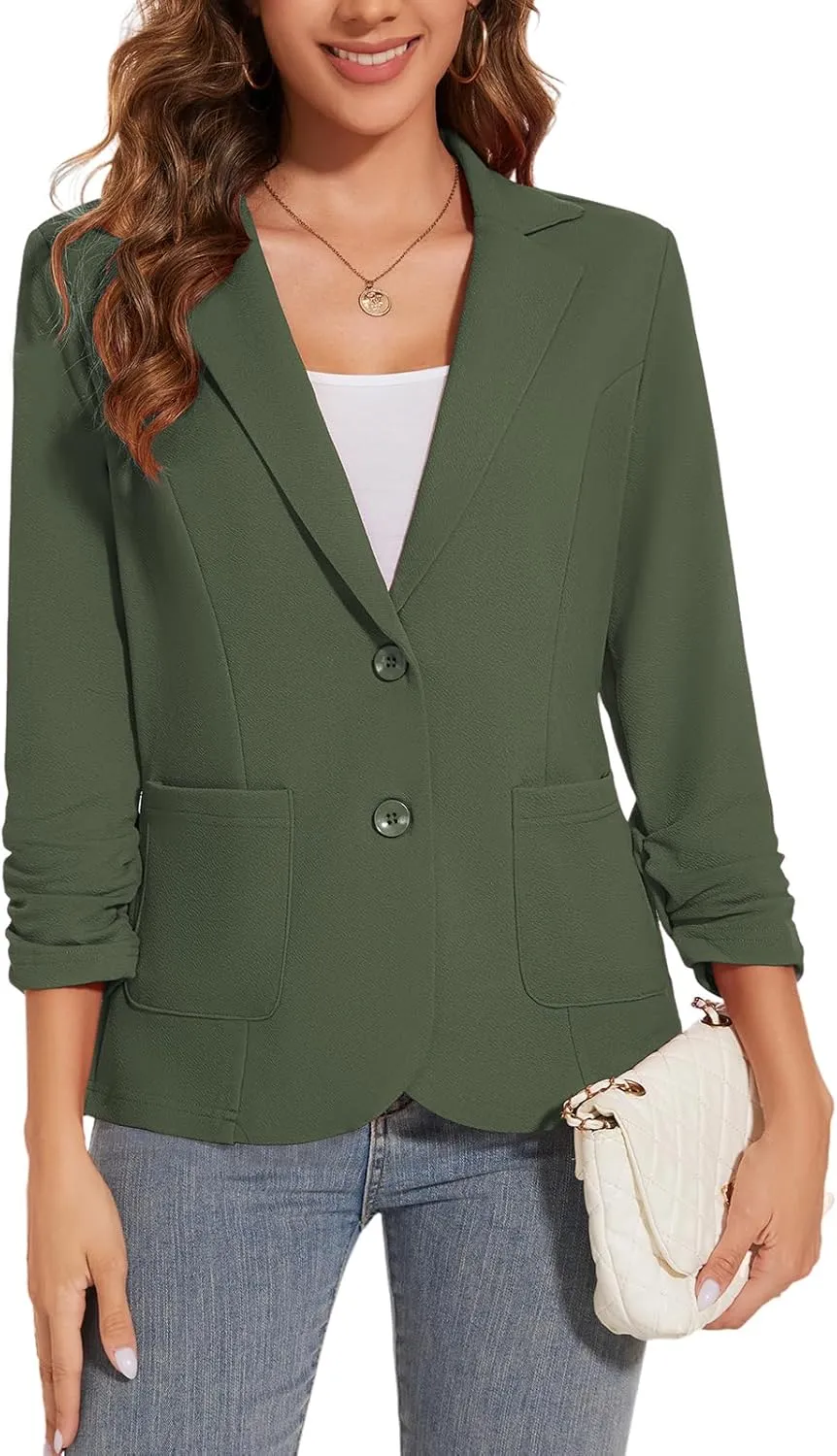 Women's Casual Button Front Blazer Jackets Ruched 3/4 Sleeve Lapel Office Work Lightweight Blazers with Pockets