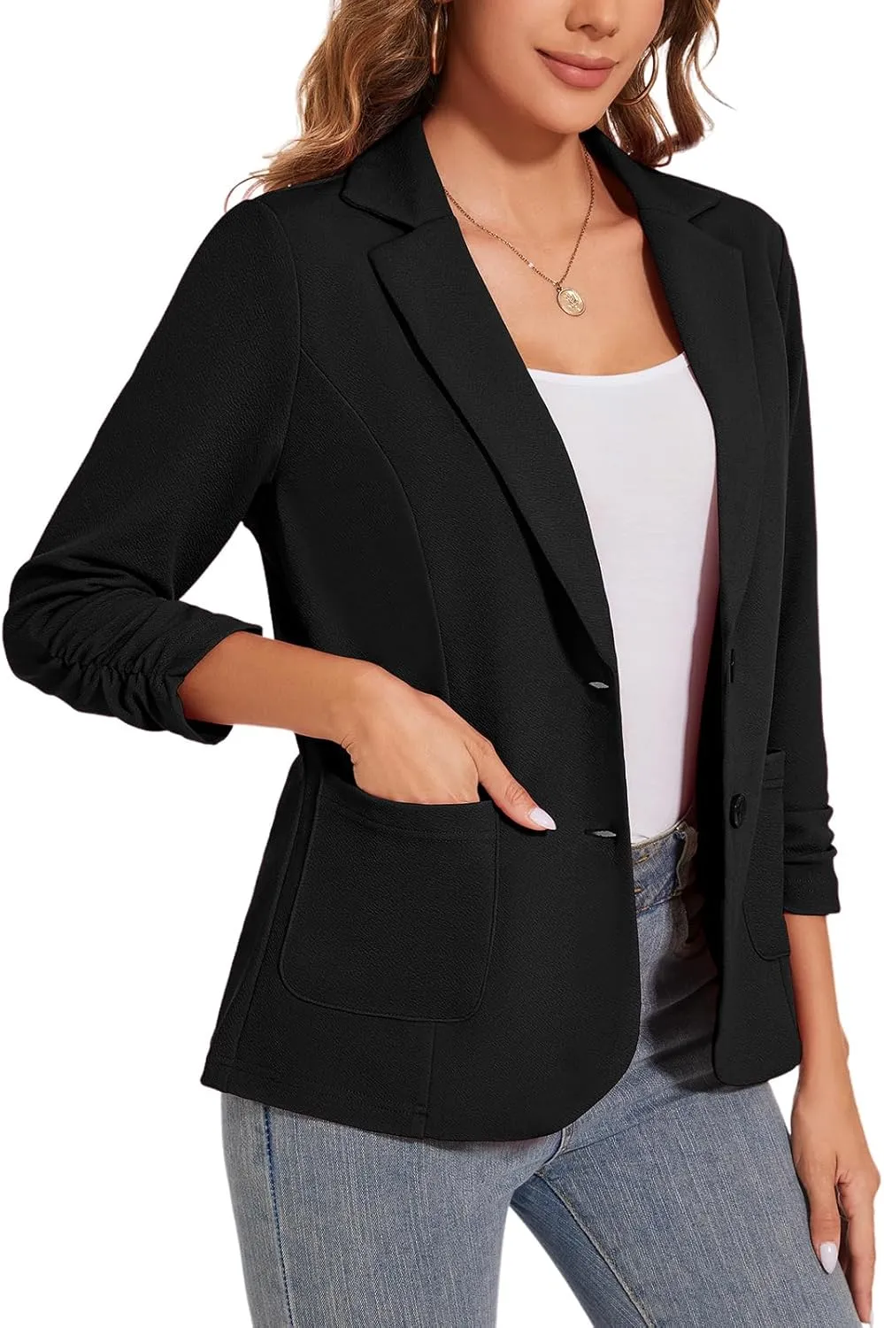 Women's Casual Button Front Blazer Jackets Ruched 3/4 Sleeve Lapel Office Work Lightweight Blazers with Pockets