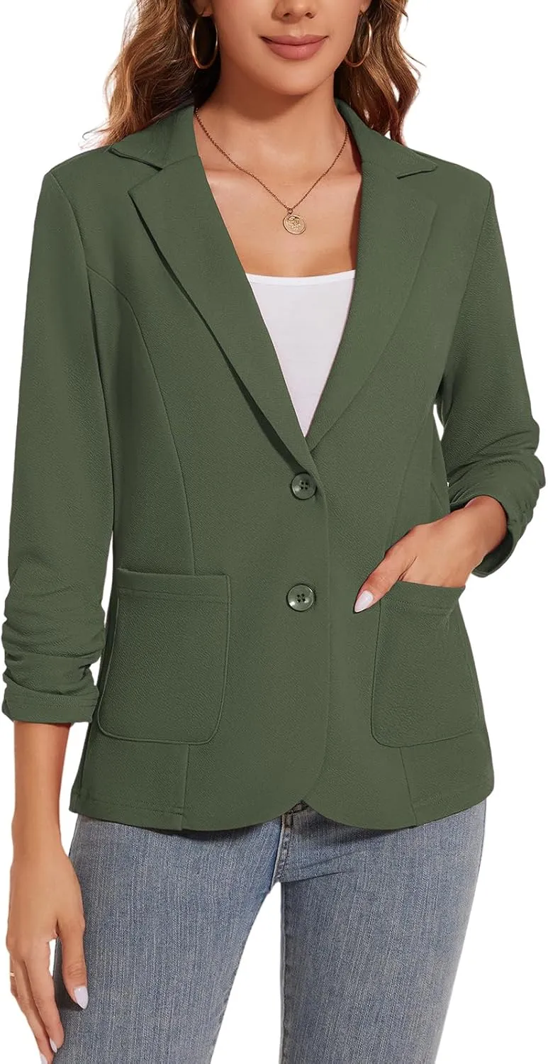 Women's Casual Button Front Blazer Jackets Ruched 3/4 Sleeve Lapel Office Work Lightweight Blazers with Pockets