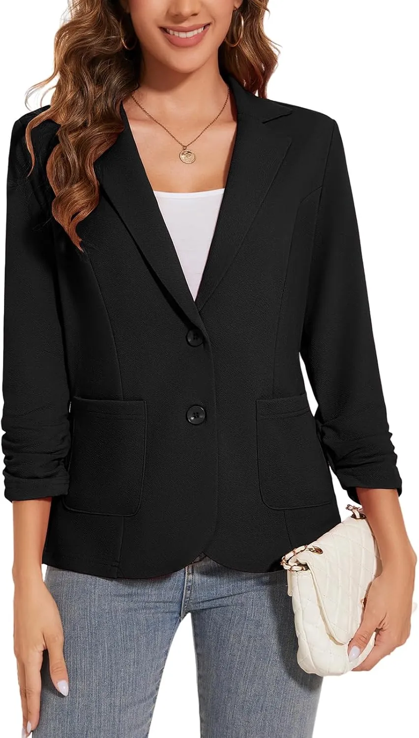 Women's Casual Button Front Blazer Jackets Ruched 3/4 Sleeve Lapel Office Work Lightweight Blazers with Pockets