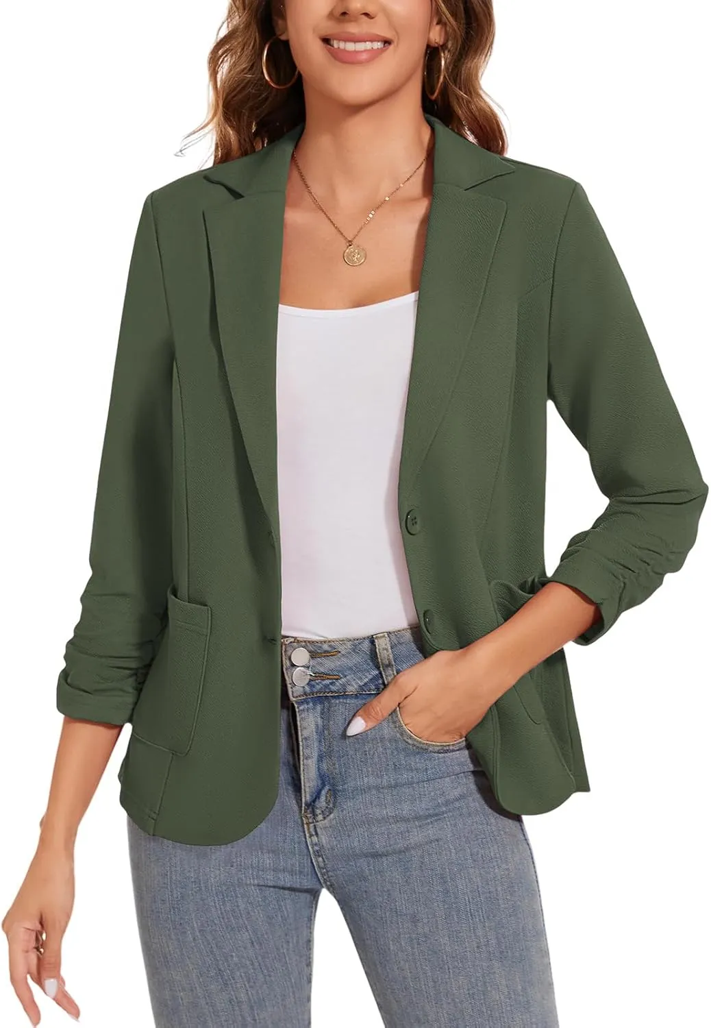 Women's Casual Button Front Blazer Jackets Ruched 3/4 Sleeve Lapel Office Work Lightweight Blazers with Pockets