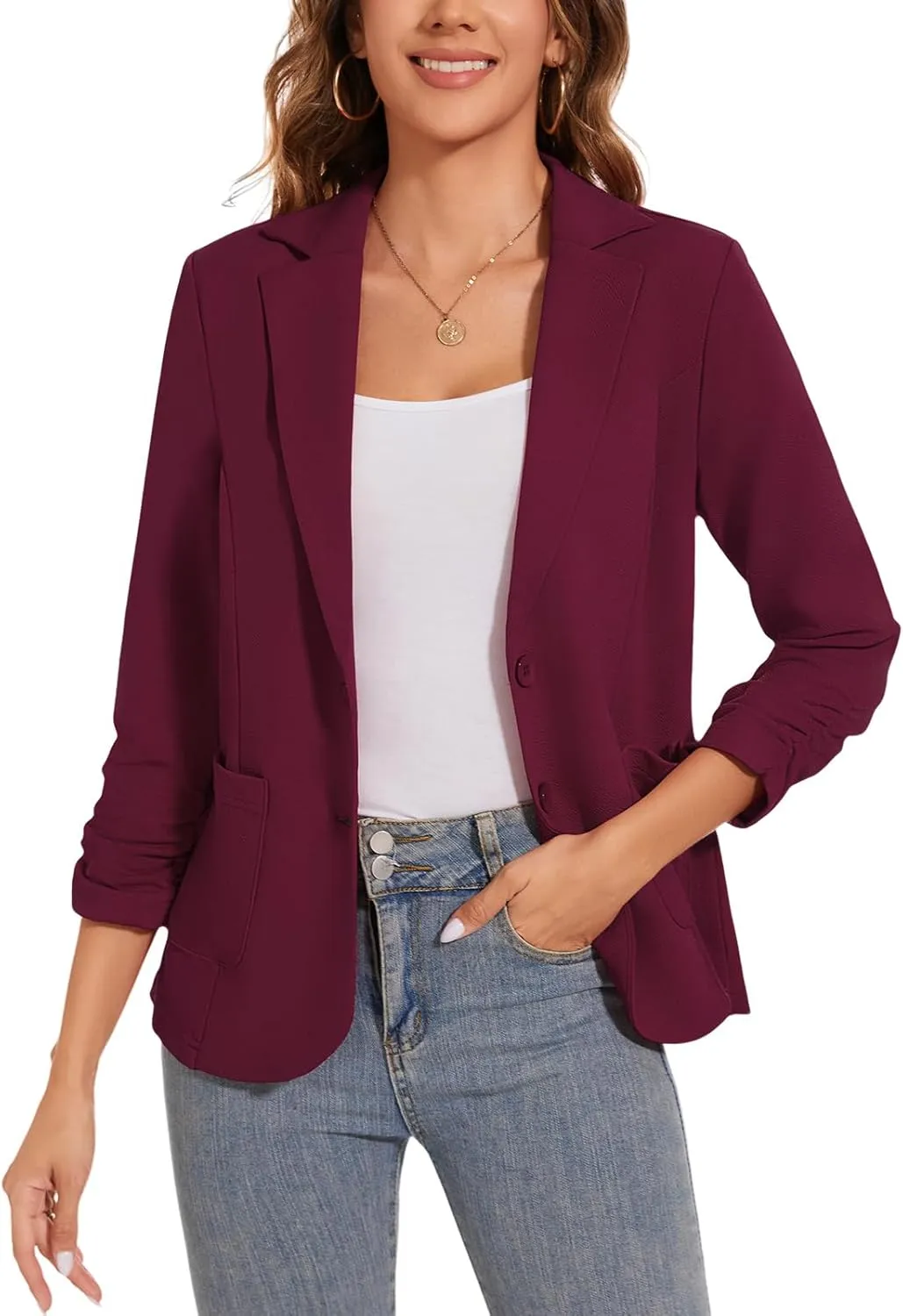 Women's Casual Button Front Blazer Jackets Ruched 3/4 Sleeve Lapel Office Work Lightweight Blazers with Pockets