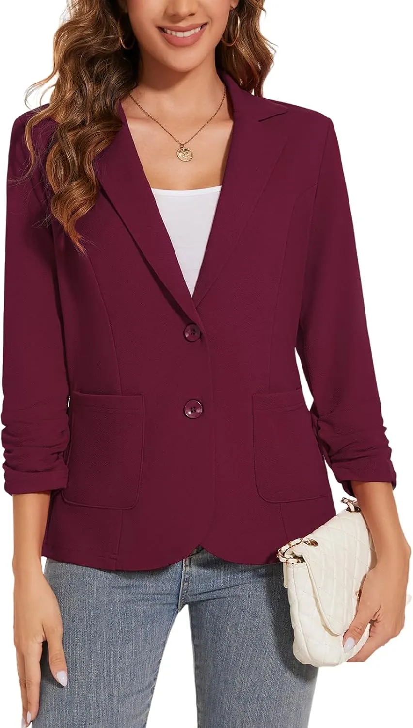 Women's Casual Button Front Blazer Jackets Ruched 3/4 Sleeve Lapel Office Work Lightweight Blazers with Pockets