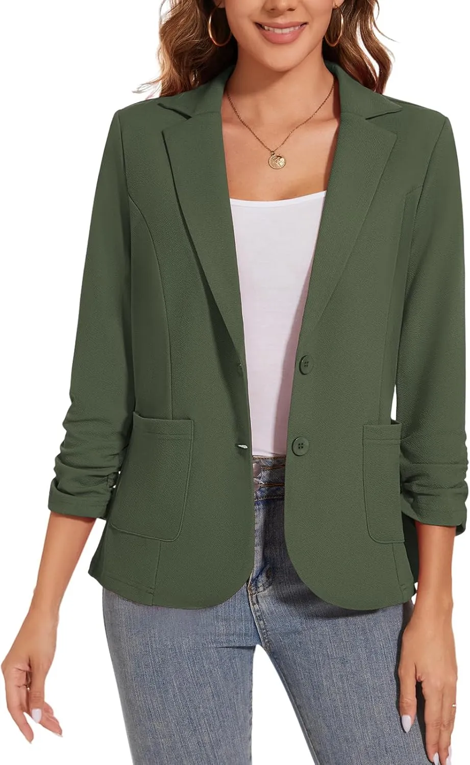 Women's Casual Button Front Blazer Jackets Ruched 3/4 Sleeve Lapel Office Work Lightweight Blazers with Pockets