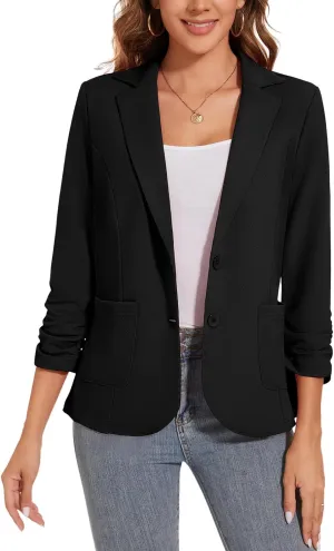 Women's Casual Button Front Blazer Jackets Ruched 3/4 Sleeve Lapel Office Work Lightweight Blazers with Pockets
