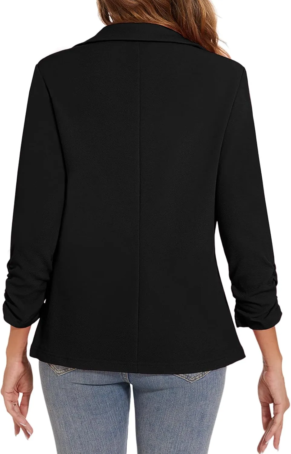 Women's Casual Button Front Blazer Jackets Ruched 3/4 Sleeve Lapel Office Work Lightweight Blazers with Pockets