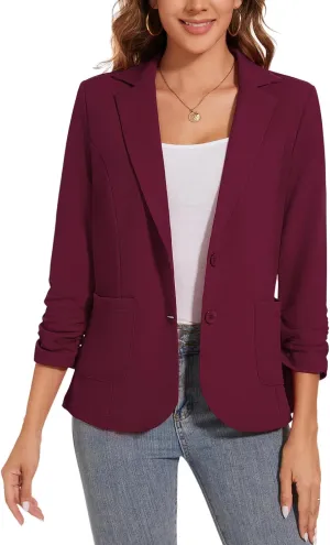 Women's Casual Button Front Blazer Jackets Ruched 3/4 Sleeve Lapel Office Work Lightweight Blazers with Pockets