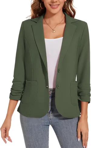 Women's Casual Button Front Blazer Jackets Ruched 3/4 Sleeve Lapel Office Work Lightweight Blazers with Pockets