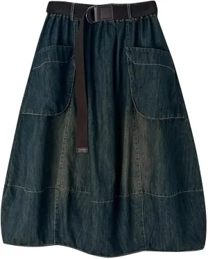 Women's Casual Jean Skirt Below Knee Length High Waisted Denim Skirts Vintage Loose A-Line Skort with Pockets