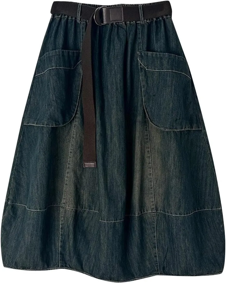 Women's Casual Jean Skirt Below Knee Length High Waisted Denim Skirts Vintage Loose A-Line Skort with Pockets
