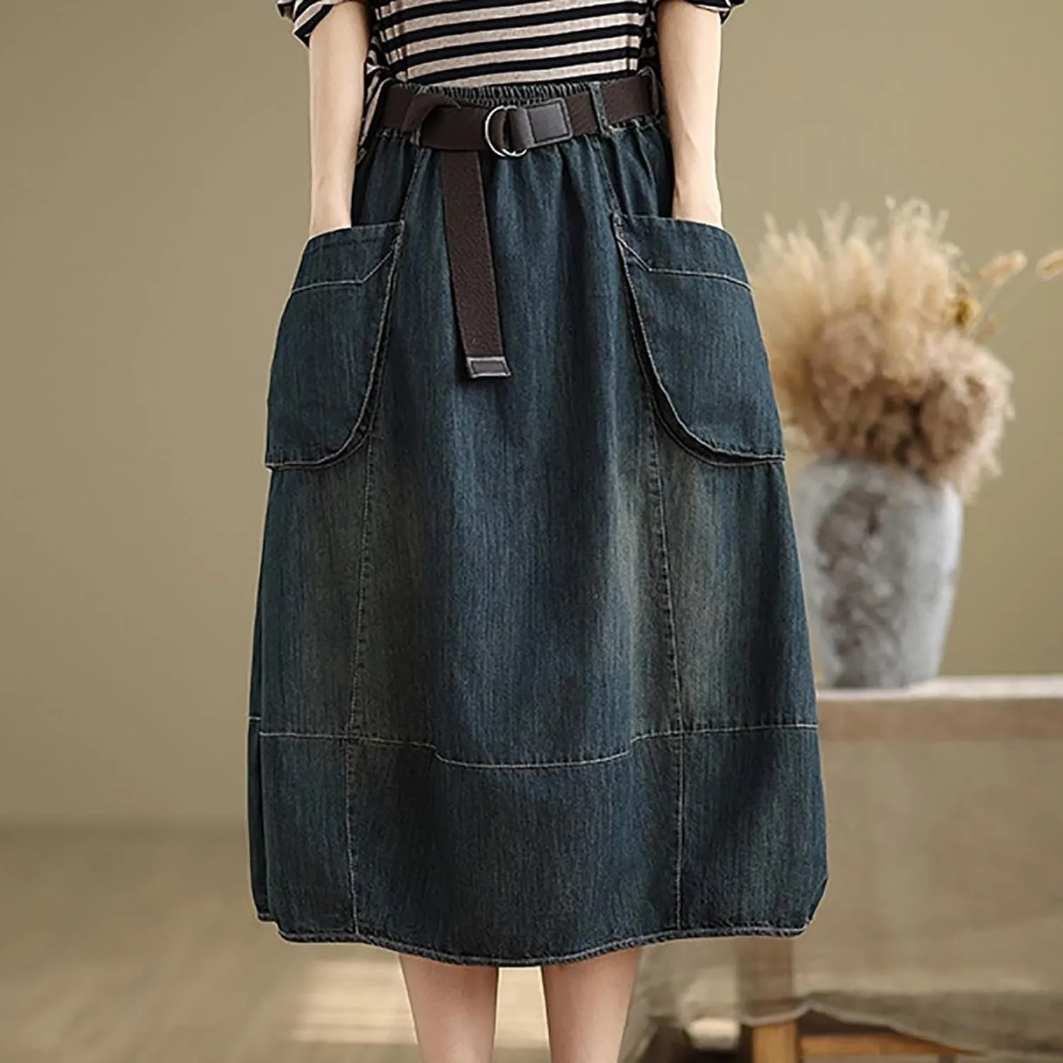 Women's Casual Jean Skirt Below Knee Length High Waisted Denim Skirts Vintage Loose A-Line Skort with Pockets