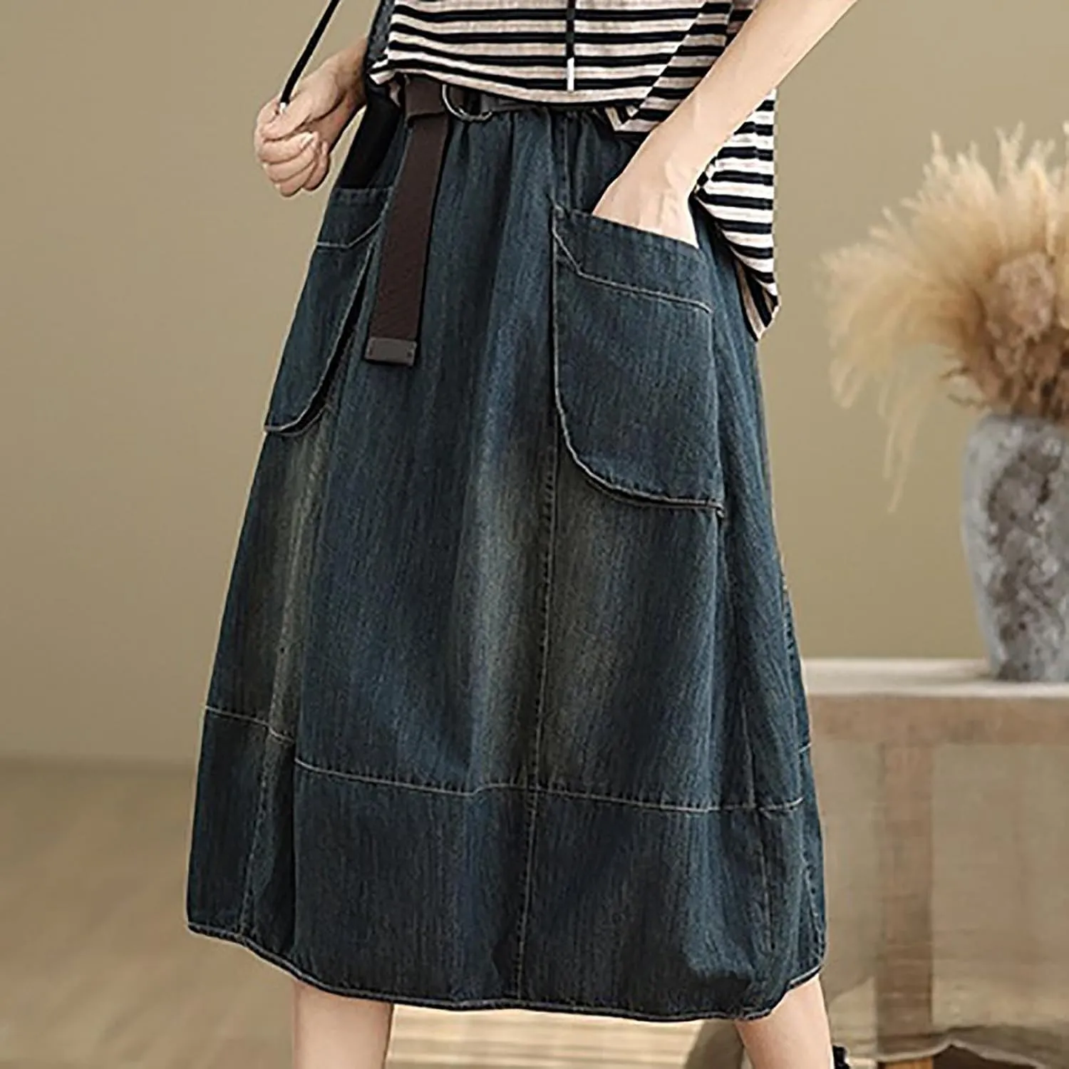 Women's Casual Jean Skirt Below Knee Length High Waisted Denim Skirts Vintage Loose A-Line Skort with Pockets