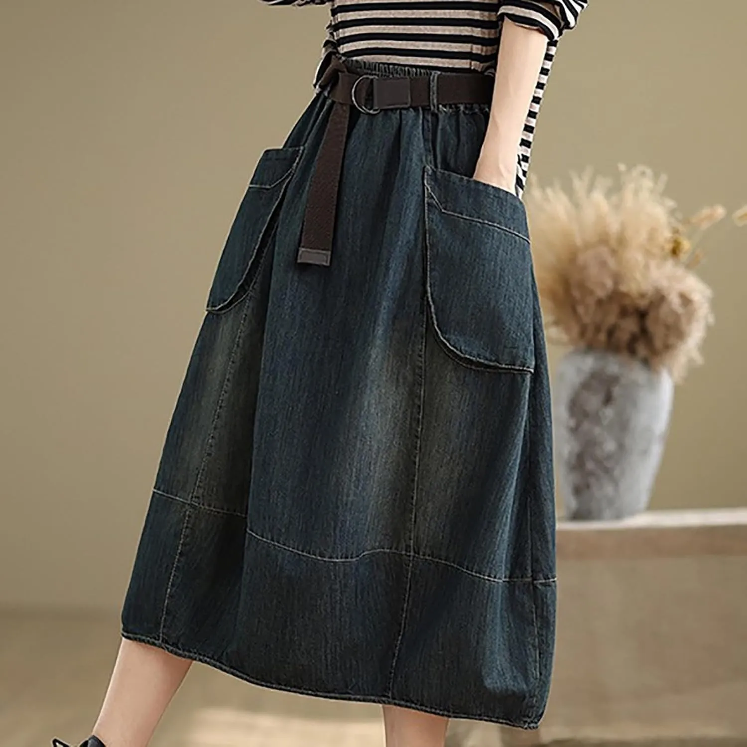 Women's Casual Jean Skirt Below Knee Length High Waisted Denim Skirts Vintage Loose A-Line Skort with Pockets