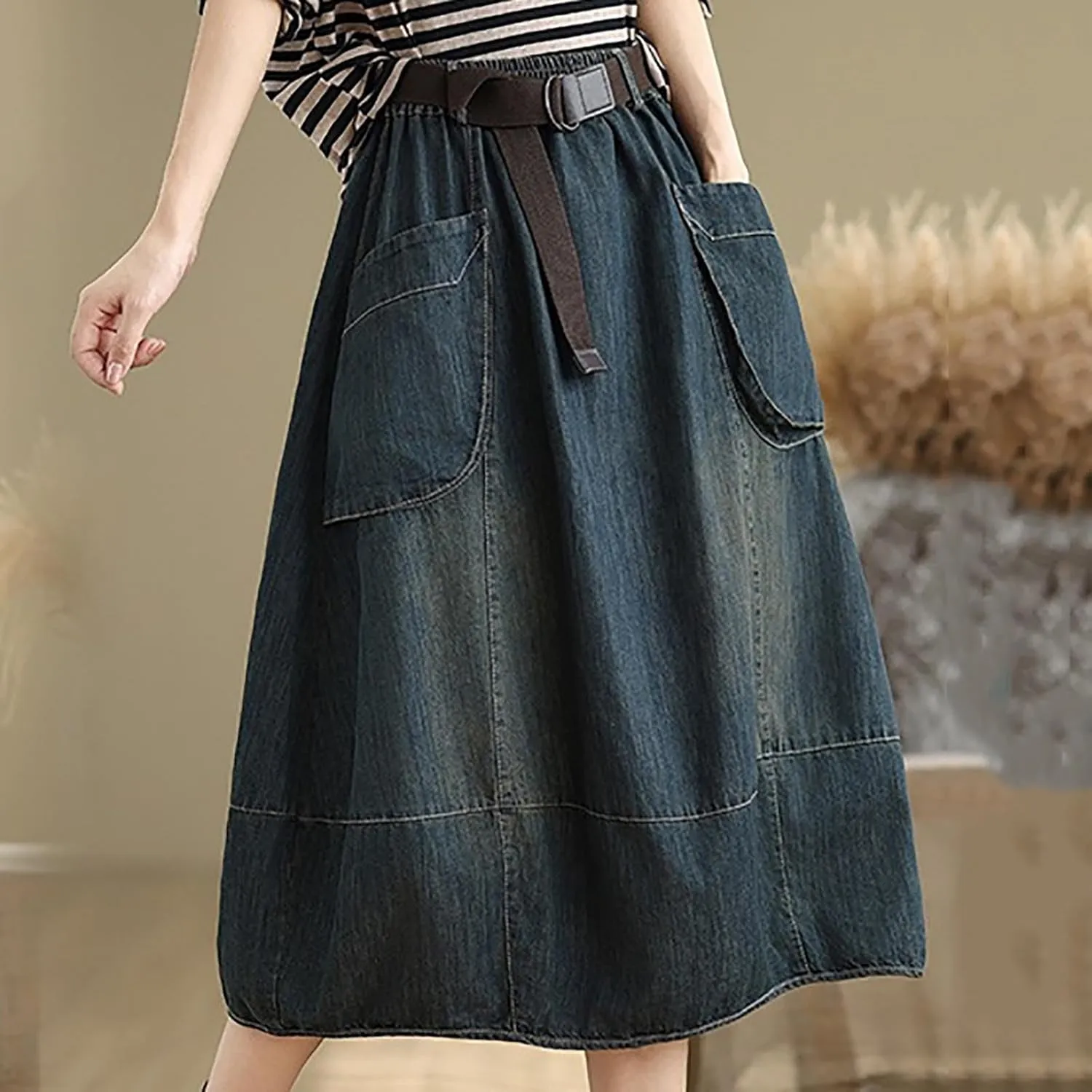 Women's Casual Jean Skirt Below Knee Length High Waisted Denim Skirts Vintage Loose A-Line Skort with Pockets