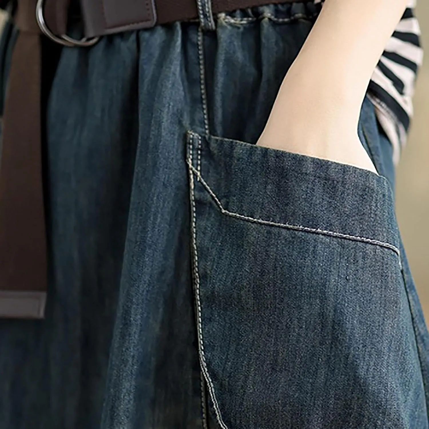 Women's Casual Jean Skirt Below Knee Length High Waisted Denim Skirts Vintage Loose A-Line Skort with Pockets