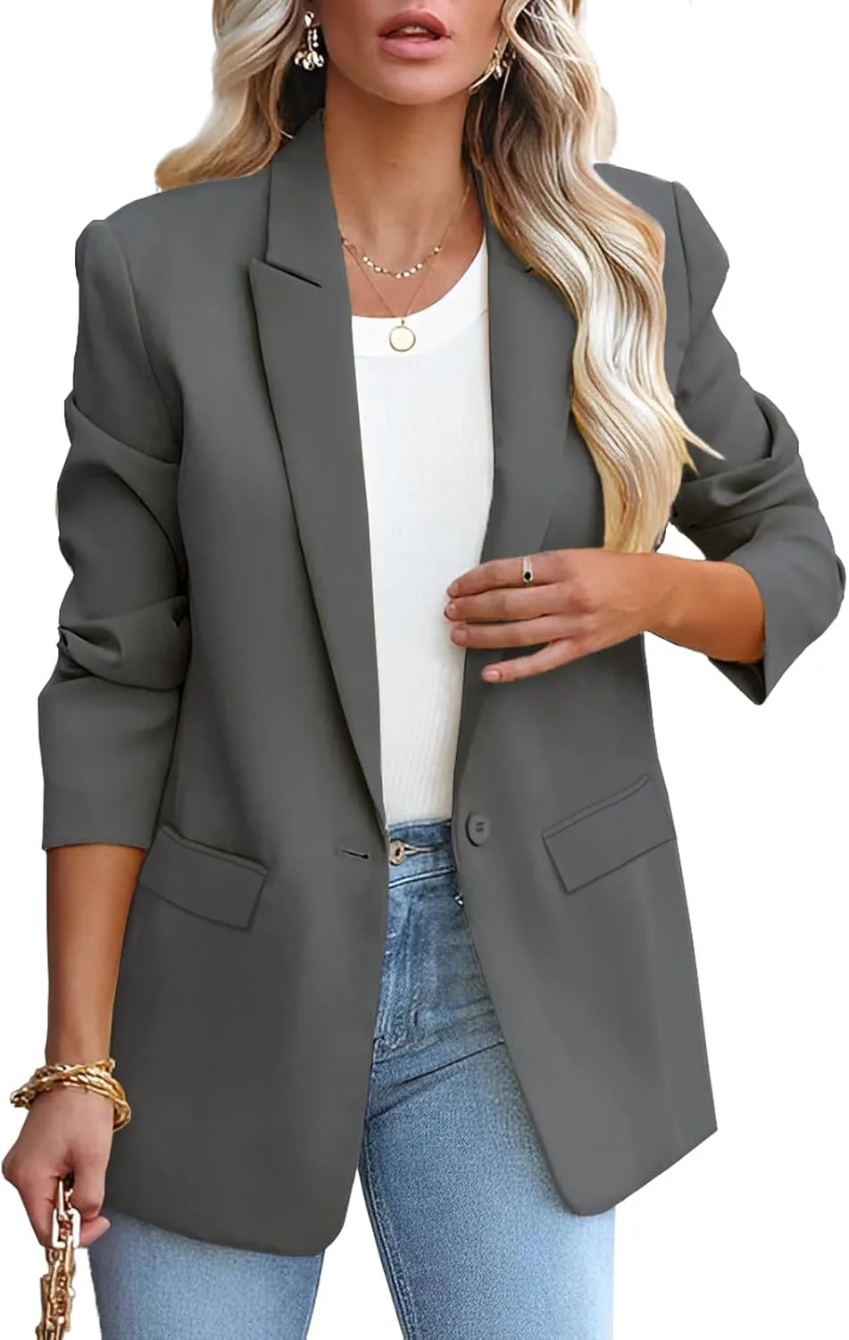 Womens Casual Loose Blazers Long Sleeve Pockets Work Office Jacket Blazer