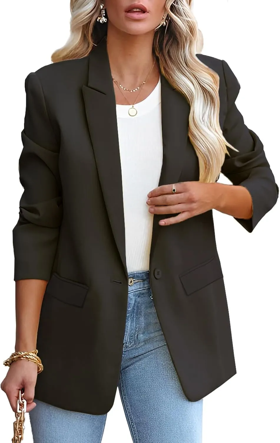 Womens Casual Loose Blazers Long Sleeve Pockets Work Office Jacket Blazer