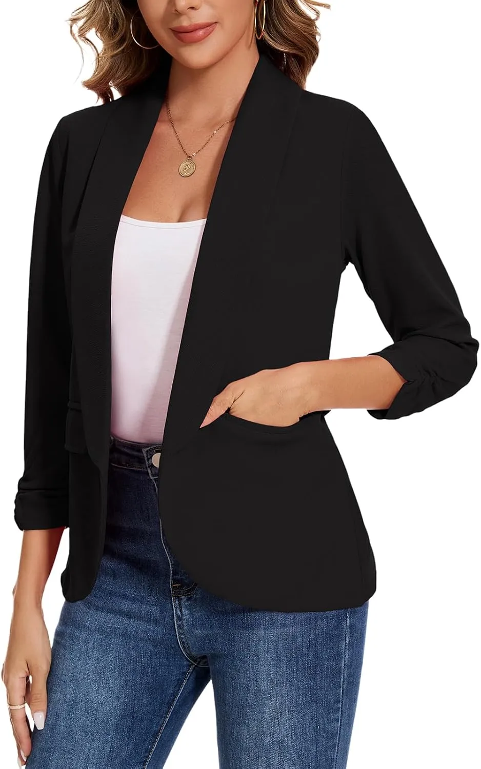 Women's Casual Open Front Blazers Shawl Lapel Ruched 3/4 Sleeve Office Lightweight Blazer Jackets with Pockets