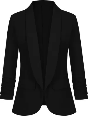 Women's Casual Open Front Blazers Shawl Lapel Ruched 3/4 Sleeve Office Lightweight Blazer Jackets with Pockets