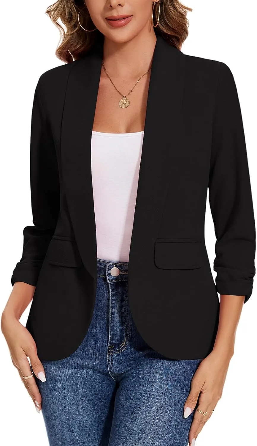 Women's Casual Open Front Blazers Shawl Lapel Ruched 3/4 Sleeve Office Lightweight Blazer Jackets with Pockets