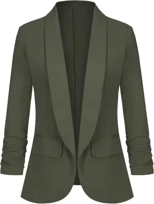 Women's Casual Open Front Blazers Shawl Lapel Ruched 3/4 Sleeve Office Lightweight Blazer Jackets with Pockets