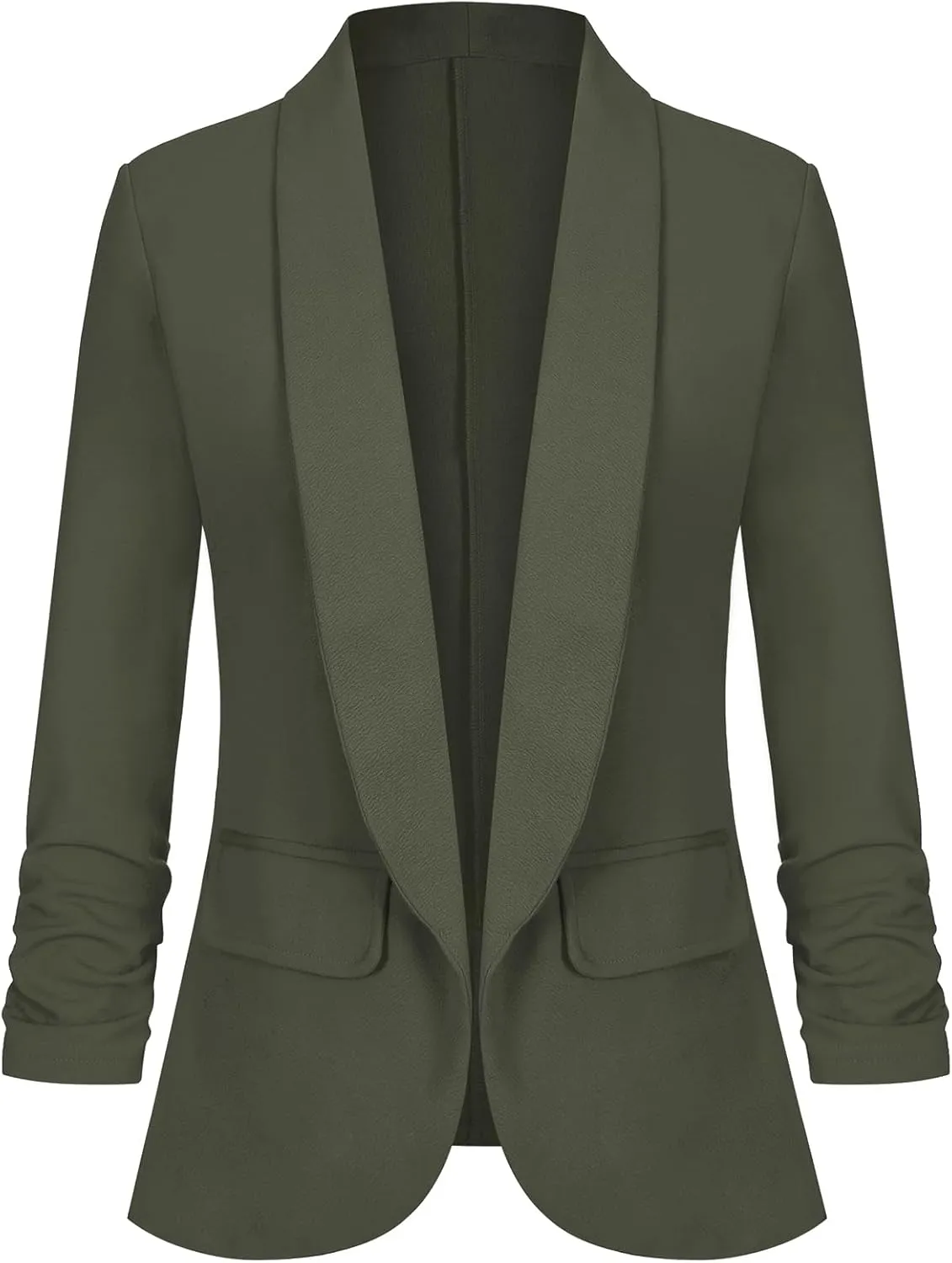 Women's Casual Open Front Blazers Shawl Lapel Ruched 3/4 Sleeve Office Lightweight Blazer Jackets with Pockets