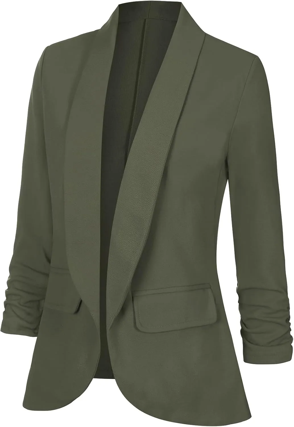 Women's Casual Open Front Blazers Shawl Lapel Ruched 3/4 Sleeve Office Lightweight Blazer Jackets with Pockets