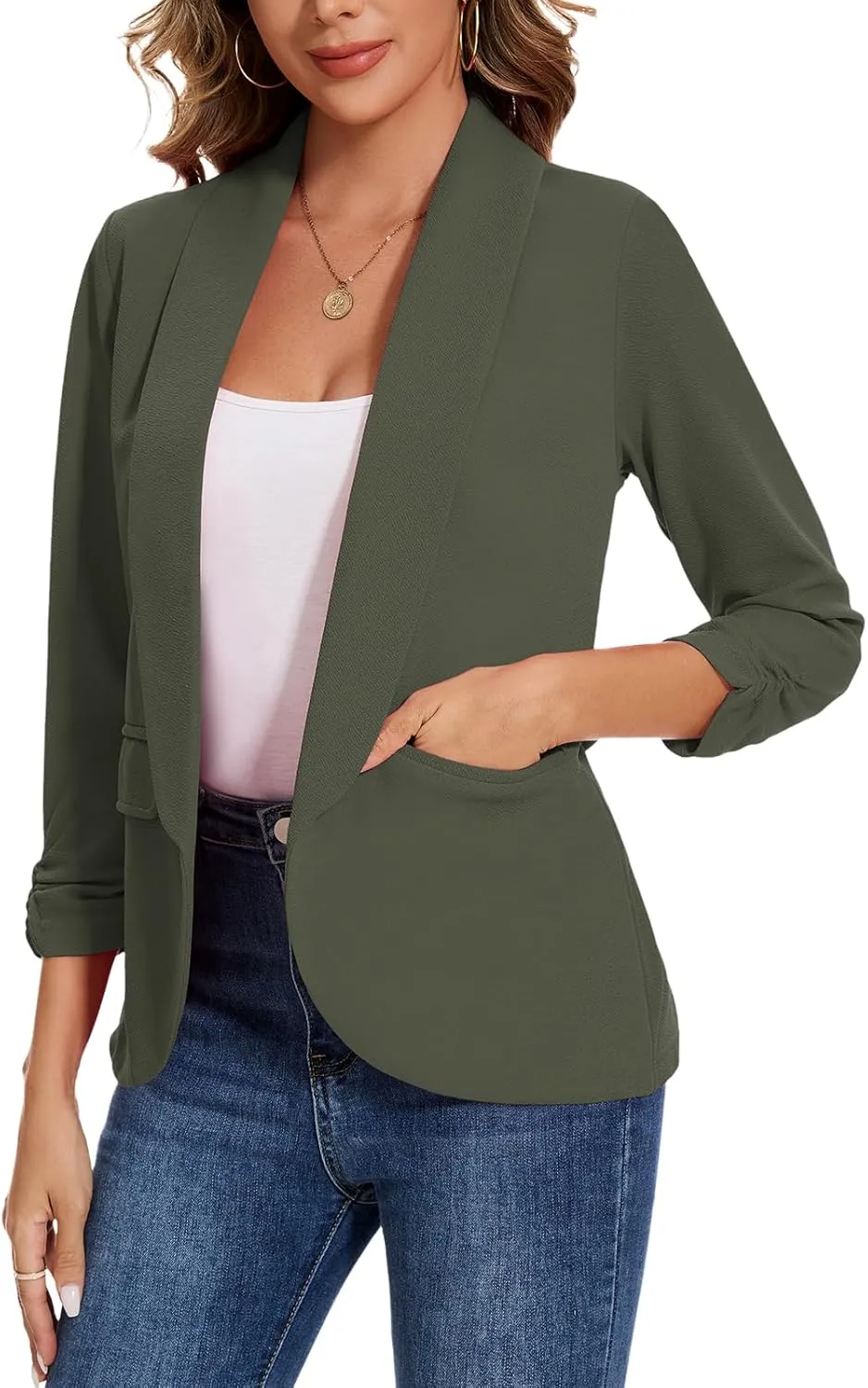 Women's Casual Open Front Blazers Shawl Lapel Ruched 3/4 Sleeve Office Lightweight Blazer Jackets with Pockets