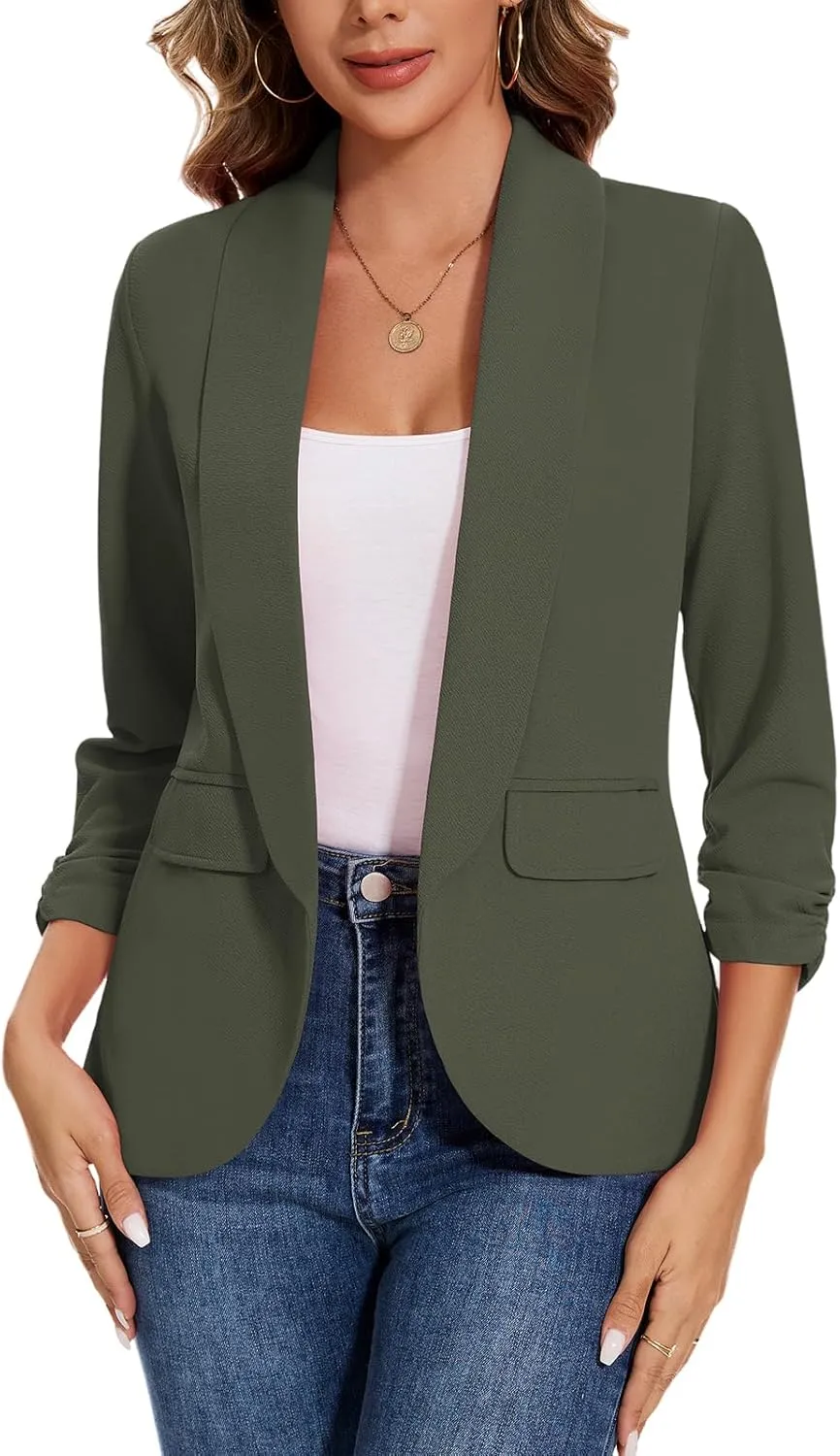 Women's Casual Open Front Blazers Shawl Lapel Ruched 3/4 Sleeve Office Lightweight Blazer Jackets with Pockets