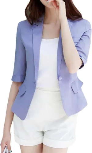 Womens Casual Solid Cotton Linen 3/4 Sleeve Short OL Work Blazer Jacket Coat Pocket with Flip Cover