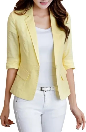 Womens Casual Solid Cotton Linen 3/4 Sleeve Short OL Work Blazer Jacket Coat Pocket with Flip Cover