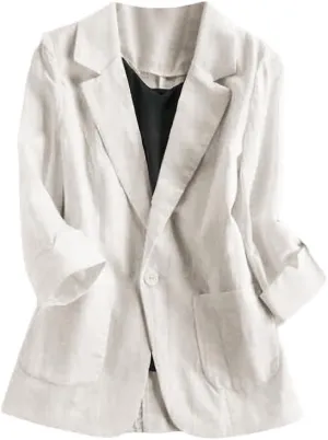 Womens Casual Solid Cotton Linen 3/4 Sleeve Short OL Work Blazer Jacket Coat