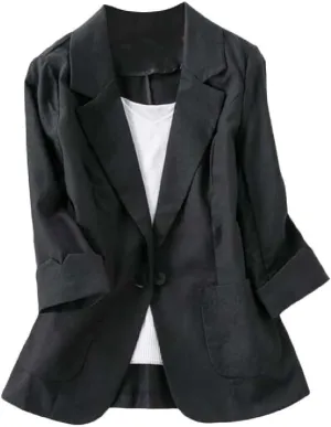 Womens Casual Solid Cotton Linen 3/4 Sleeve Short OL Work Blazer Jacket Coat