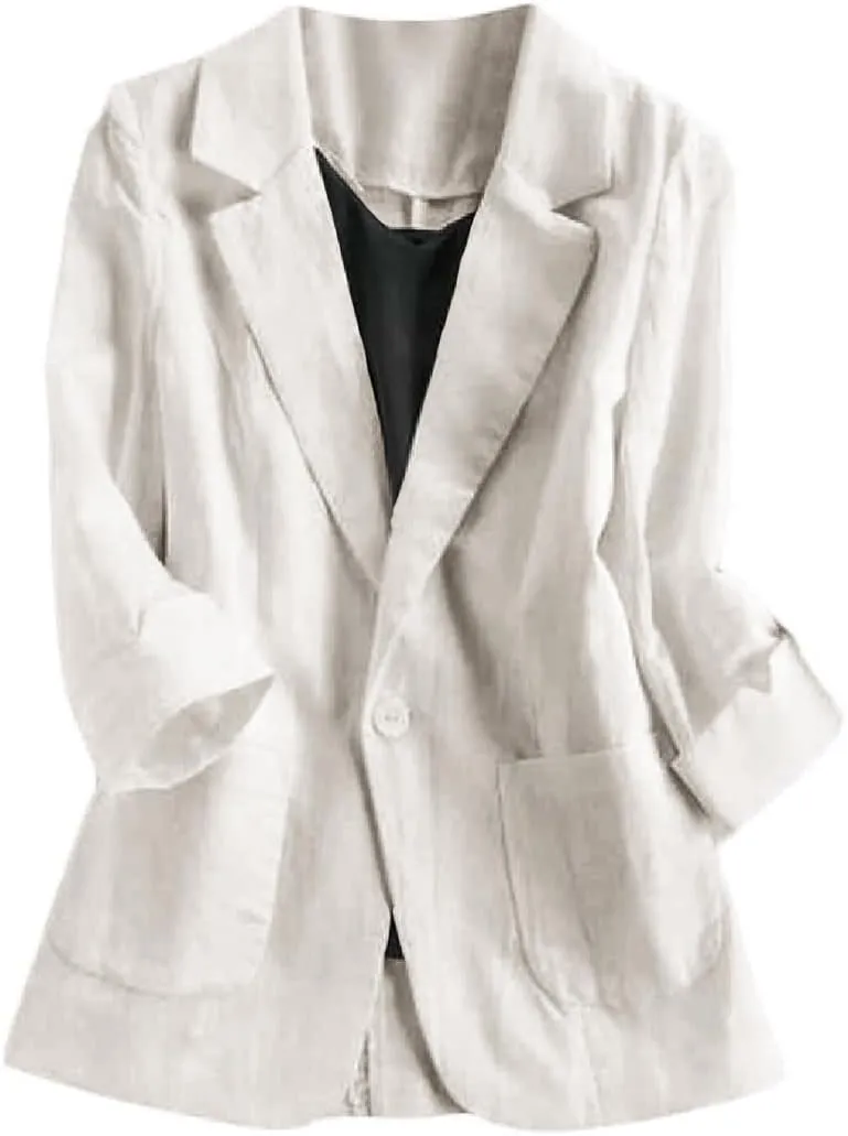 Womens Casual Solid Cotton Linen 3/4 Sleeve Short OL Work Blazer Jacket Coat