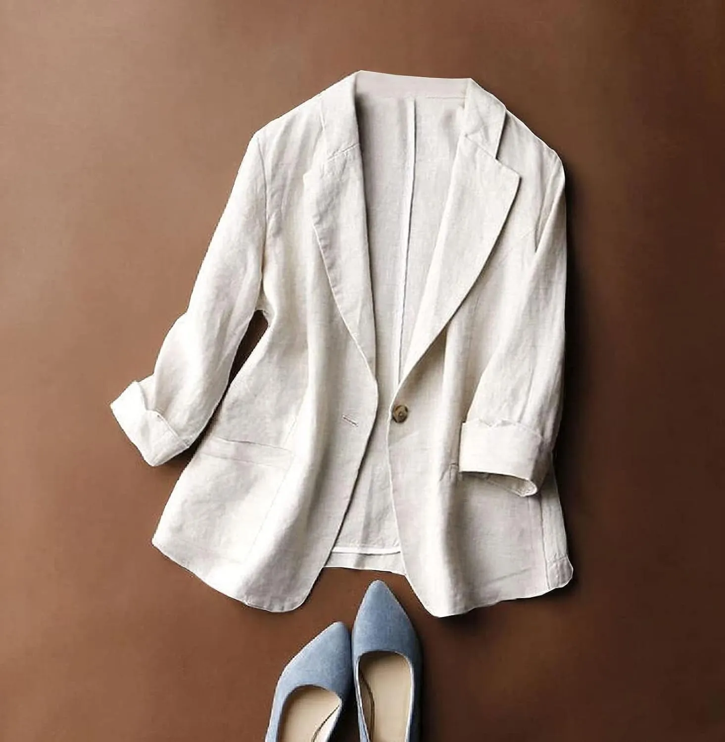 Womens Casual Solid Cotton Linen 3/4 Sleeve Short OL Work Blazer Jacket Coat