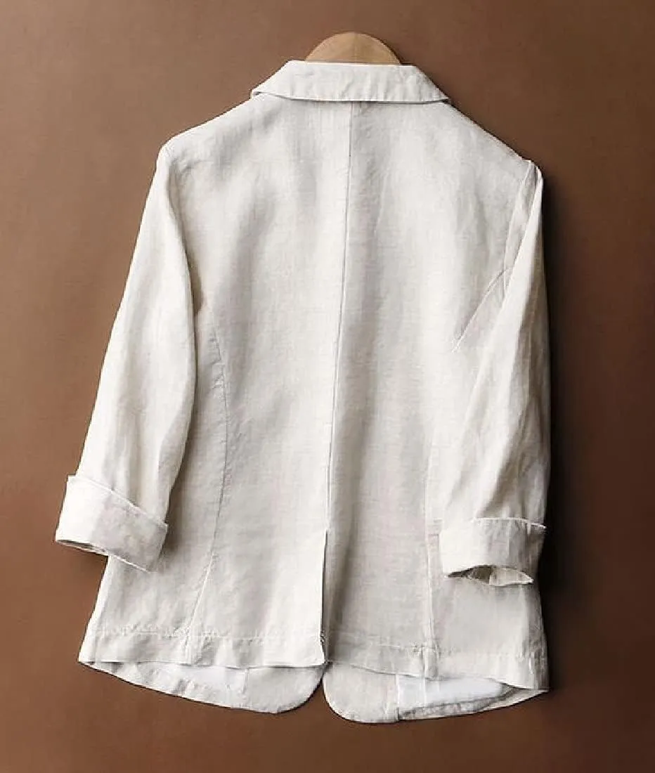 Womens Casual Solid Cotton Linen 3/4 Sleeve Short OL Work Blazer Jacket Coat