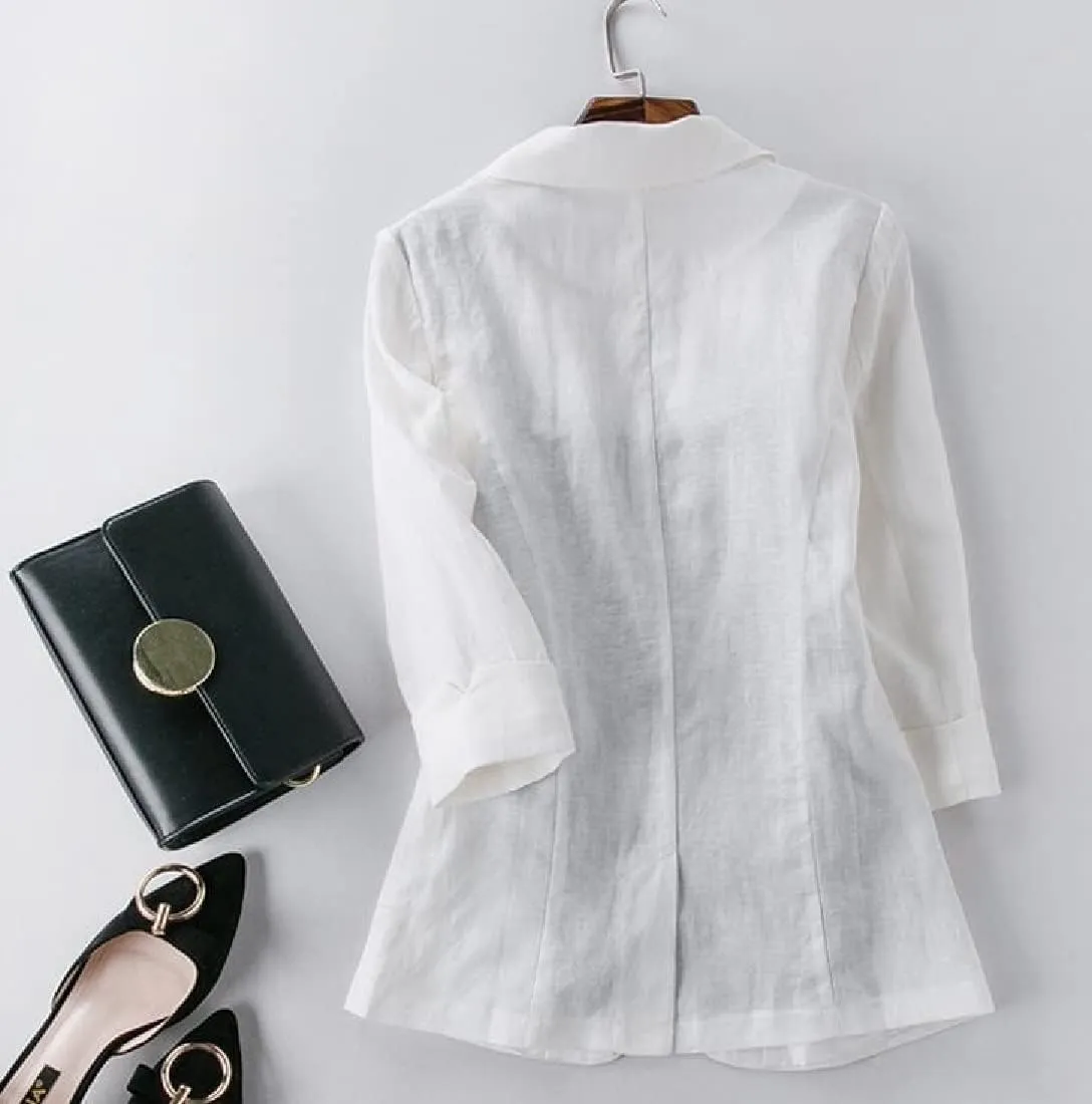 Womens Casual Solid Cotton Linen 3/4 Sleeve Short OL Work Blazer Jacket Coat