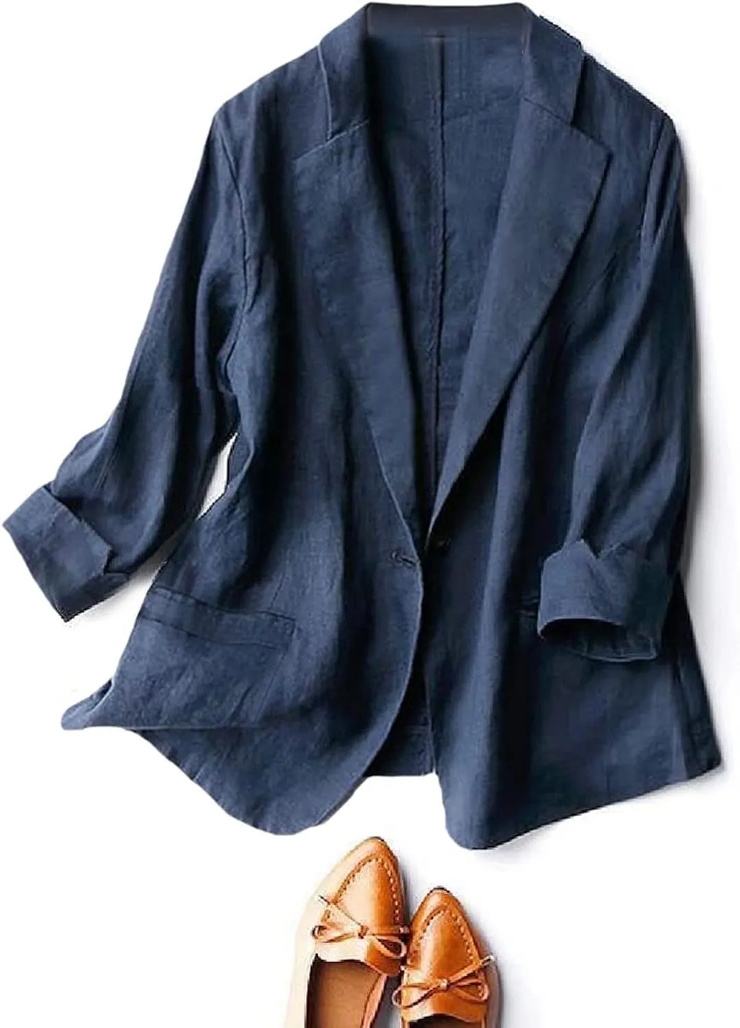 Womens Casual Solid Cotton Linen 3/4 Sleeve Short OL Work Blazer Jacket Coat