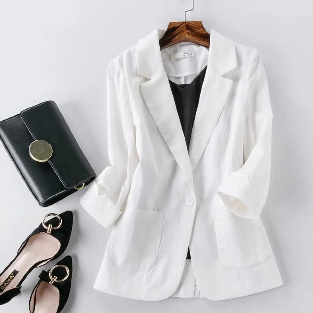 Womens Casual Solid Cotton Linen 3/4 Sleeve Short OL Work Blazer Jacket Coat