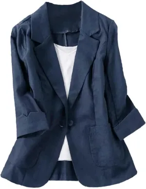 Womens Casual Solid Cotton Linen 3/4 Sleeve Short OL Work Blazer Jacket Coat