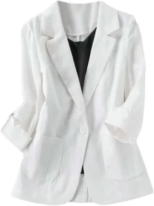 Womens Casual Solid Cotton Linen 3/4 Sleeve Short OL Work Blazer Jacket Coat