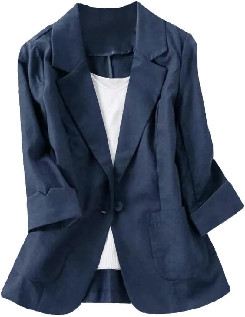 Womens Casual Solid Cotton Linen 3/4 Sleeve Short OL Work Blazer Jacket Coat