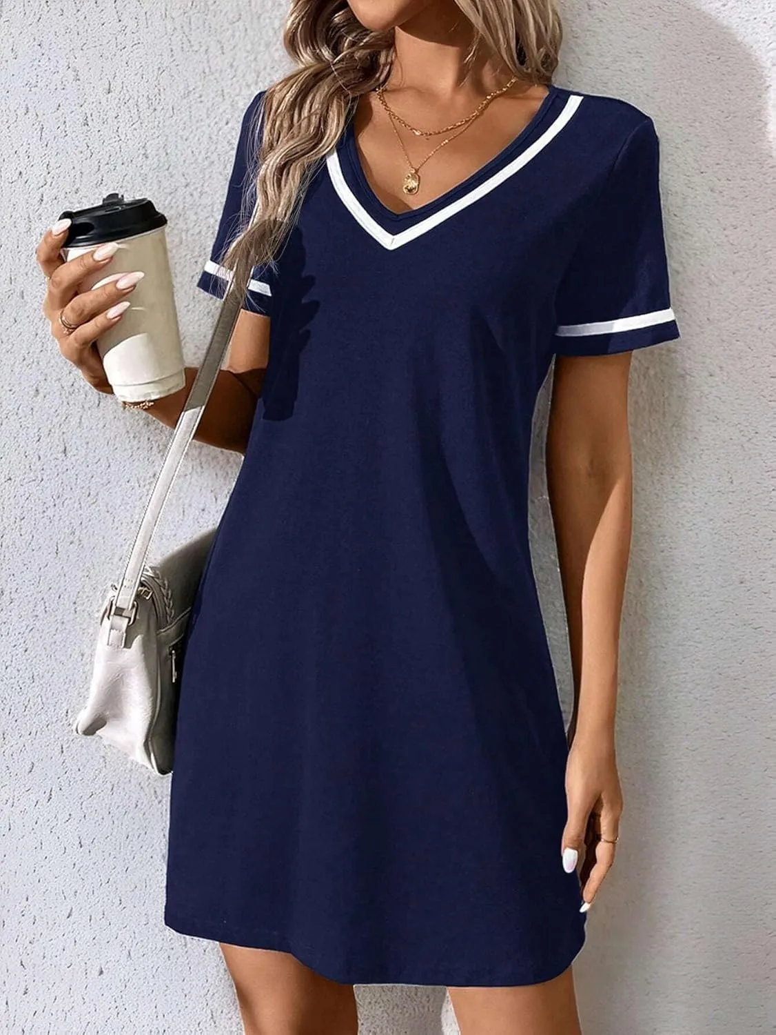 Women's Casual V-Neck Colorblock Knit Dress Weave Belt Summer Short Sleeve V-Neck Fashion Dresses for Women