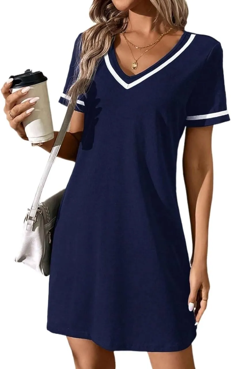 Women's Casual V-Neck Colorblock Knit Dress Weave Belt Summer Short Sleeve V-Neck Fashion Dresses for Women
